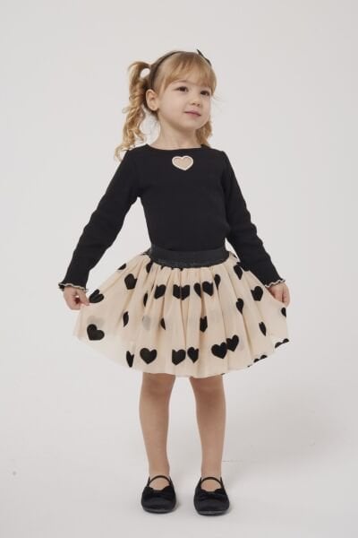 Asarkids Kalp Nakışlı Tütü Etekli Takım - Siyah