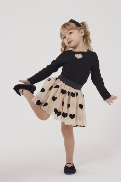 Asarkids Kalp Nakışlı Tütü Etekli Takım - Siyah