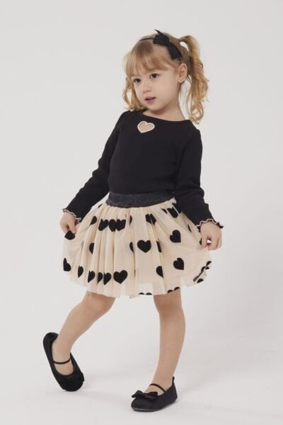 Asarkids Kalp Nakışlı Tütü Etekli Takım - Siyah