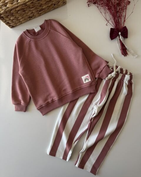 Çizgili Basic Unisex Takım - Pembe