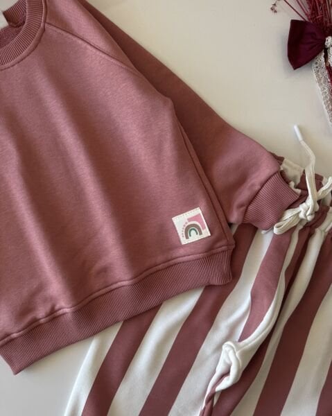 Çizgili Basic Unisex Takım - Pembe