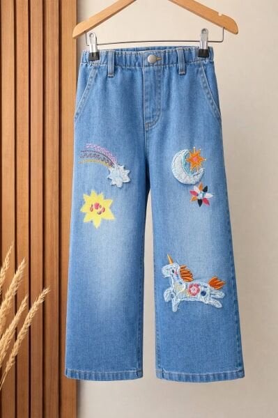 Asarkids Unicorn Nakışlı Denim Pantolon - Mavi