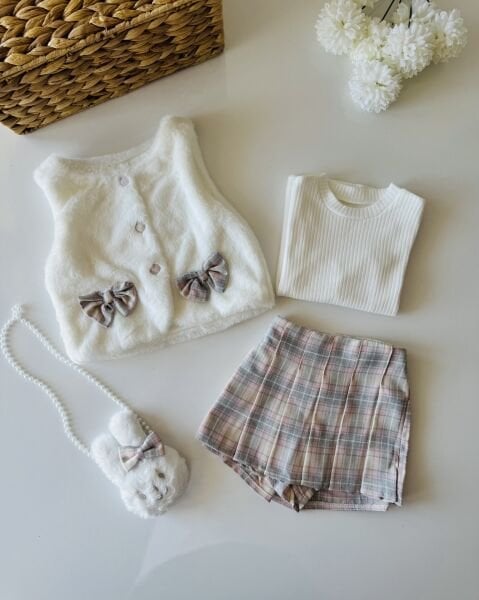 Tavşan Aplikeli Peluş Hırkalı 3'lü Set - Pembe Kareli