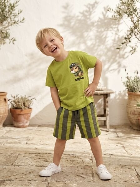 Asar Kids Karakter Baskılı Çizgili Şortlu 2'li Takım - Yeşil