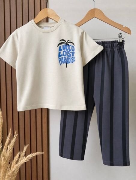 Asarkids Palmiye Baskılı Çizgili 2'li Takım - Krem Füme