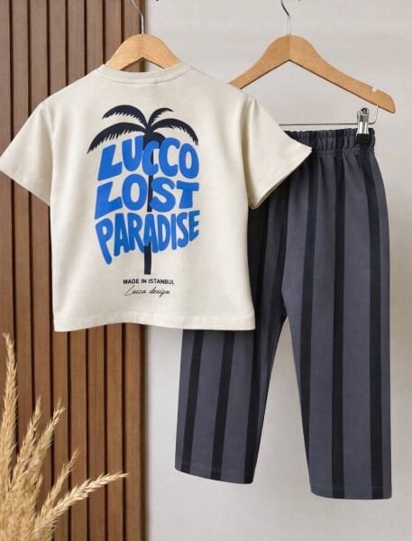 Asarkids Palmiye Baskılı Çizgili 2'li Takım - Krem Füme