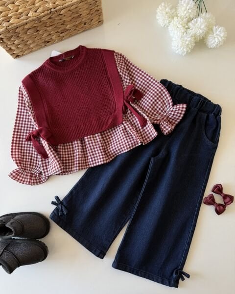 Asarkids Süveter Gömlekli Pantolon 3'lü Takım - Bordo