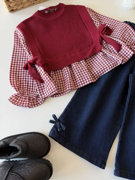 Asarkids Süveter Gömlekli Pantolon 3'lü Takım - Bordo