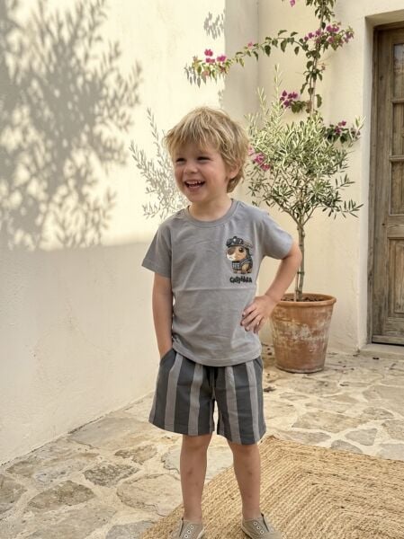 Asar Kids Karakter Baskılı Çizgili Şortlu 2'li Takım - Gri