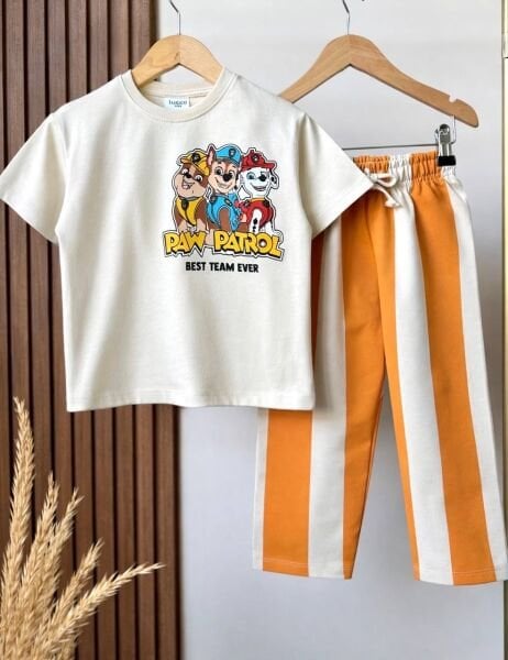 Asarkids Karakter Baskılı Çizgili 2'li Takım - Turuncu Krem