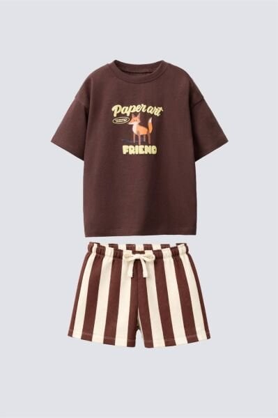 Asar Kids Kabartma Tilki Baskılı Çizgili 2'li Takım - Kahve