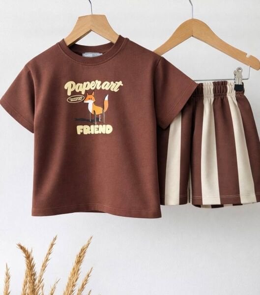 Asar Kids Kabartma Tilki Baskılı Çizgili 2'li Takım - Kahve