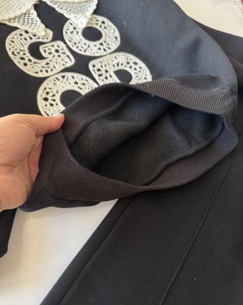 Şardonlu Dantel Yaka Bol Paça İpek Takım - Siyah