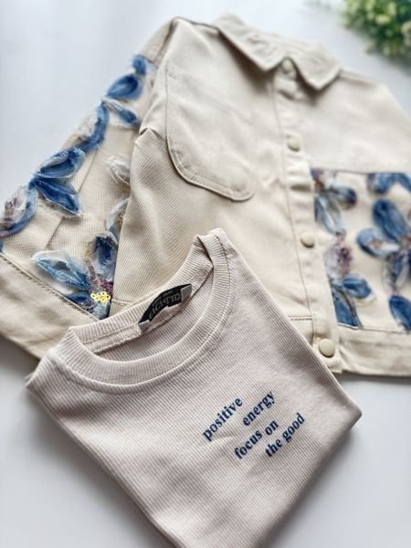 Zambak Tül Çiçek Aplikeli Ceketli 2'li Set - Krem