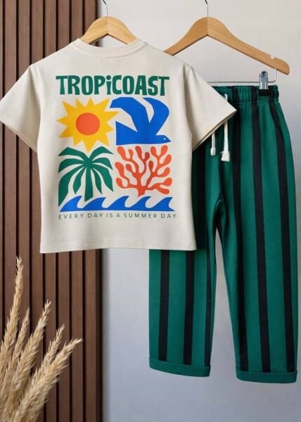 Asarkids Palmiye ve Güneş Baskılı Çizgili 2'li Takım - Yeşil Krem