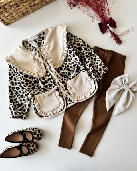 Leopar Desenli Yakalı Polar Cekeli Tayt Takım - Kahve