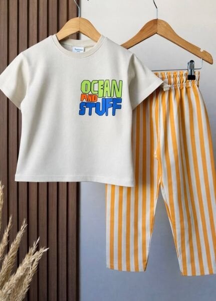 Asarkids Stuff Sloganlı Çizgili 2'li Takım - Krem Turuncu