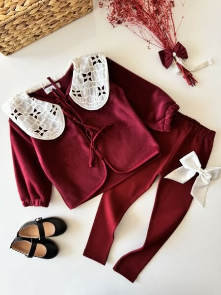 Yaka Nakışlı  Polar Cekeli Takım - Bordo