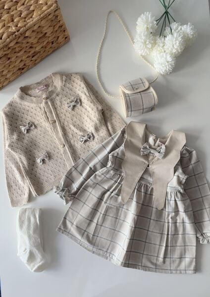 Yakalı Kareli Elbiseli 4'lü Set - Mavi Kareli