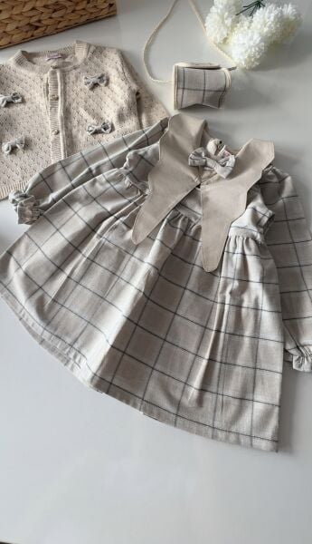 Yakalı Kareli Elbiseli 4'lü Set - Mavi Kareli