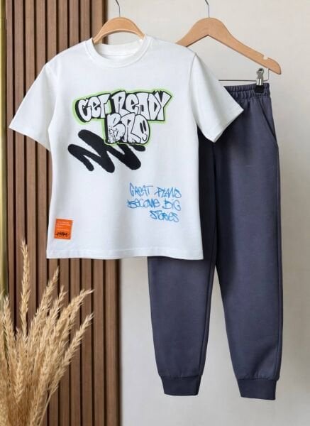 Asarkids Grafiti Baskılı 2'li Eşofman Takımı - Beyaz Füme