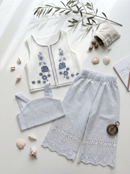 Asar Kids Premium Gül Nakışlı Yelekli Fisto Takım - Mavi