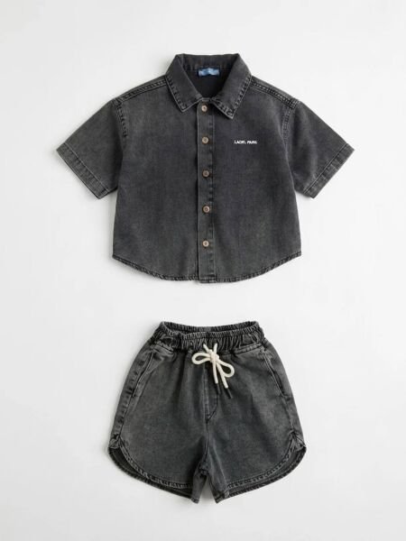 Asarkids La'ciel Paris Denim Gömlek Şort 2'li Takım - Füme
