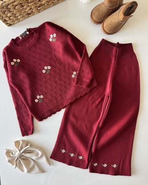 Triko Çiçek Nakışlı Takım - Bordo
