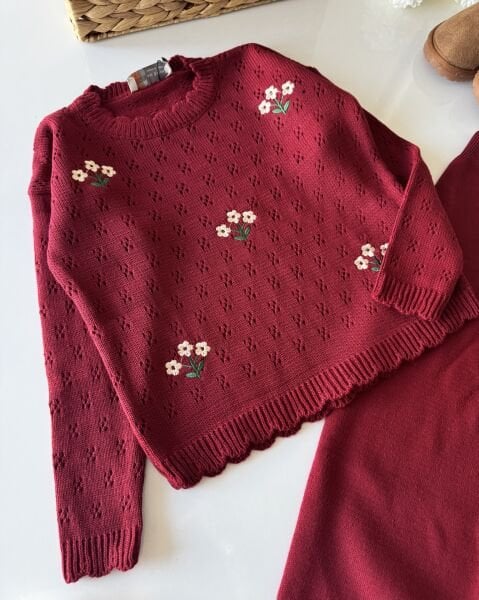 Triko Çiçek Nakışlı Takım - Bordo