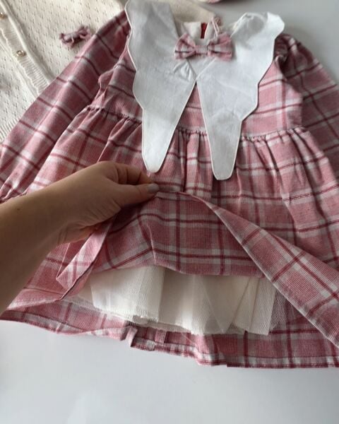 Yakalı Kareli Elbiseli 4'lü Set - Pembe Kareli