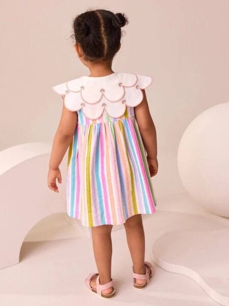 Asar Kids Gökkuşağı Desenli Yakalı Elbise - Çok Renkli