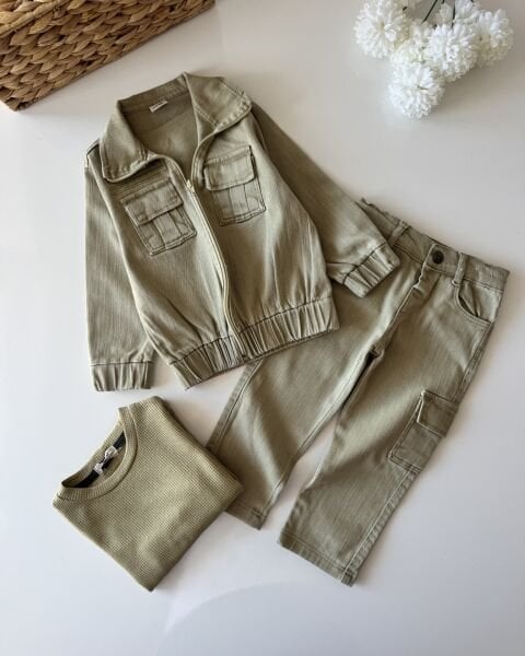 Denim Ceketli 3'lü Pantolonlu Set - Yağ Yeşili