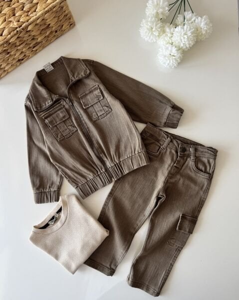 Denim Ceketli 3'lü Pantolonlu Set - Kahverengi