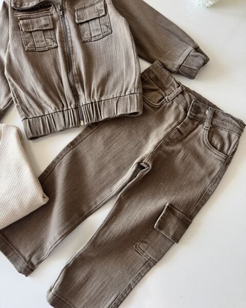 Denim Ceketli 3'lü Pantolonlu Set - Kahverengi