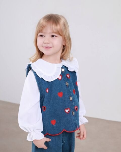 Asarkids Kalp Nakışlı Denim Süveterli 3’lü Takım - Mavi