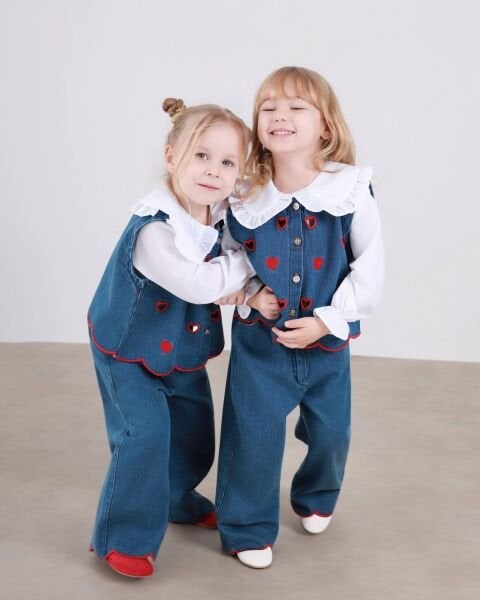 Asarkids Kalp Nakışlı Denim Süveterli 3’lü Takım - Mavi