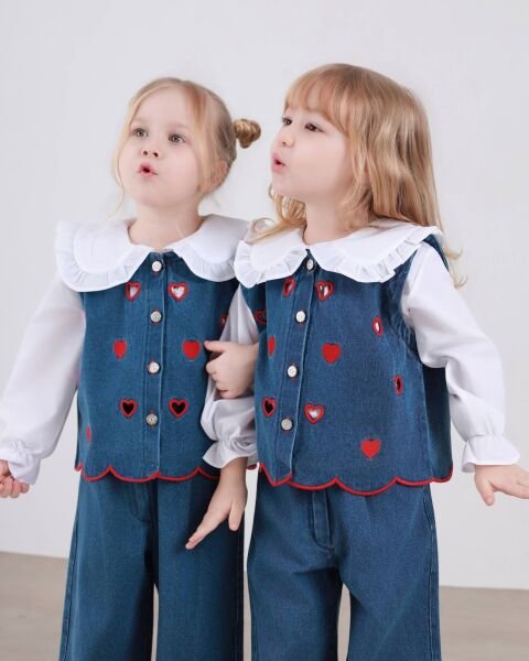 Asarkids Kalp Nakışlı Denim Süveterli 3’lü Takım - Mavi