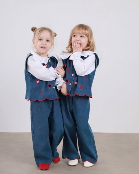 Asarkids Kalp Nakışlı Denim Süveterli 3’lü Takım - Mavi