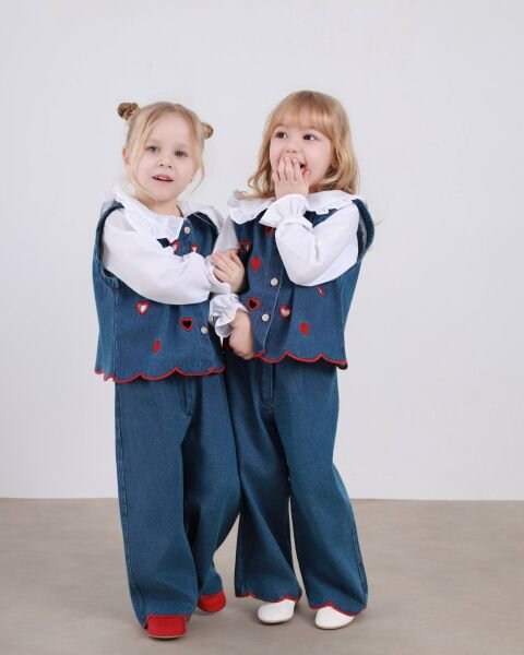 Asarkids Kalp Nakışlı Denim Süveterli 3’lü Takım - Mavi