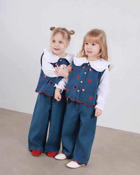 Asarkids Kalp Nakışlı Denim Süveterli 3’lü Takım - Mavi