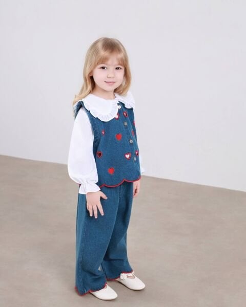 Asarkids Kalp Nakışlı Denim Süveterli 3’lü Takım - Mavi