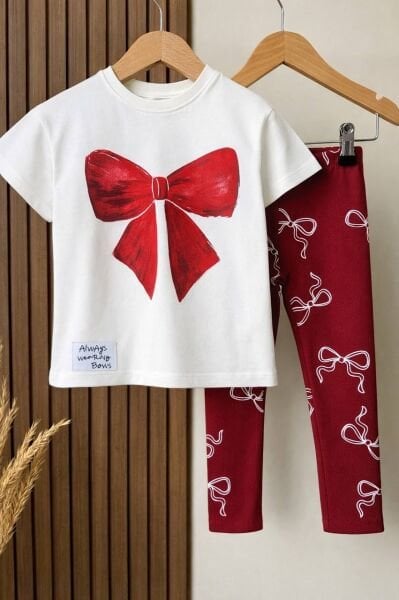 Asarkids Fiyonk Baskılı Taytlı 2'li Takım - Beyaz Kırmızı