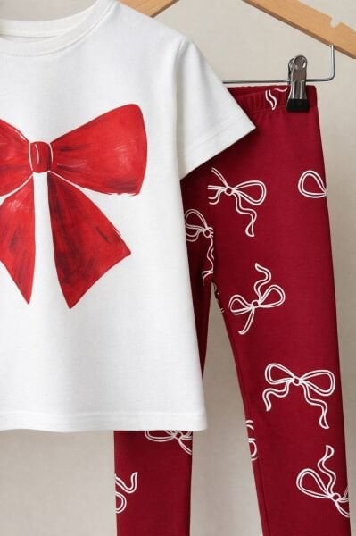 Asarkids Fiyonk Baskılı Taytlı 2'li Takım - Beyaz Kırmızı