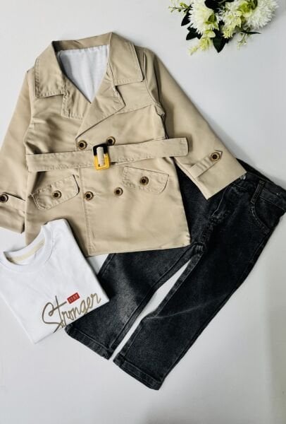 Trençkotlu 3'lü Pantolonlu Set - Bej