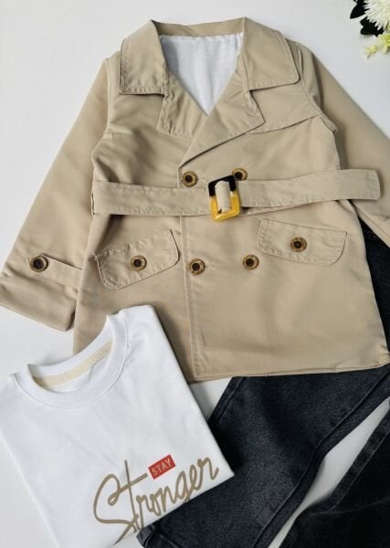 Trençkotlu 3'lü Pantolonlu Set - Bej