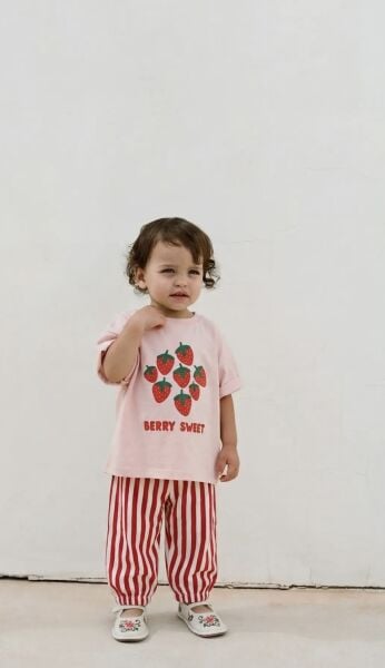 Asar Kids Müslin Pantolonlu Çilek Baskılı 2'li Bebek Takım - Pembe