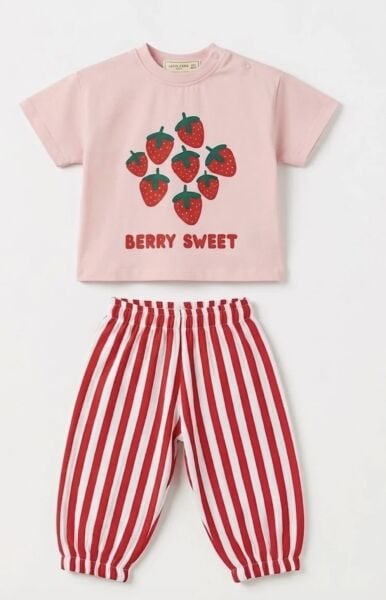 Asar Kids Müslin Pantolonlu Çilek Baskılı 2'li Bebek Takım - Pembe