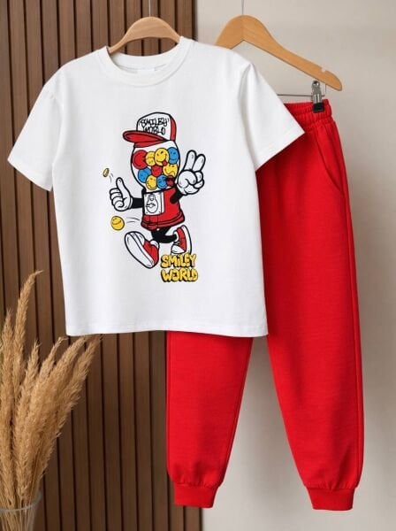 Asarkids Smiley World Sloganlı 2'li Eşofman Takımı - Kırmızı Beyaz