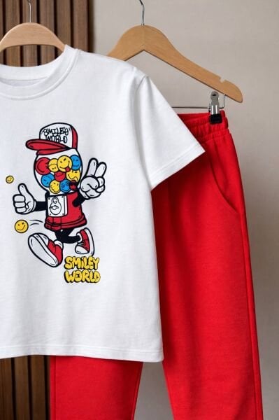 Asarkids Smiley World Sloganlı 2'li Eşofman Takımı - Kırmızı Beyaz
