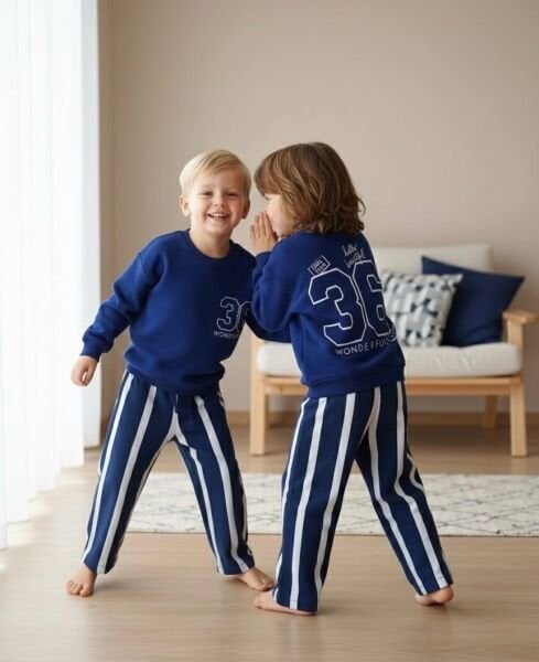 Unisex Kullanıma Uygun Çizgili Eşofman Takımı - Lacivert